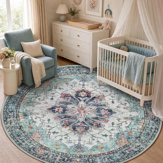 RELEANY Area Rugs Round 5ft Washable Non-Slip, Floral Vintage Distress Medallion Carpet for Living Room Bedroom Dining Room, Green Navy Blue White Red Teal