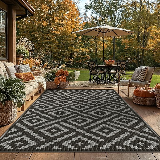 GENIMO Outdoor Rug for Patio Clearance,6'x9' Waterproof Mat,Reversible Plastic Camping Rugs,Rv,Porch,Deck,Camper,Balcony,Backyard,Black & Gray