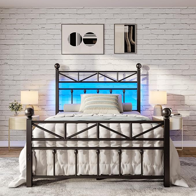 EnHomee 14.2" Metal Twin Bed Frames with Tall Headboard & Footboard, LED Light Twin Bed Frame, Strong Slats Support and Noise-Free Design with Under Bed Storage/No Box Spring Needed/Black