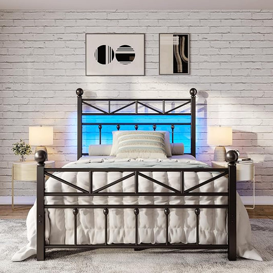 EnHomee 14.2" Metal Twin Bed Frames with Tall Headboard & Footboard, LED Light Twin Bed Frame, Strong Slats Support and Noise-Free Design with Under Bed Storage/No Box Spring Needed/Black