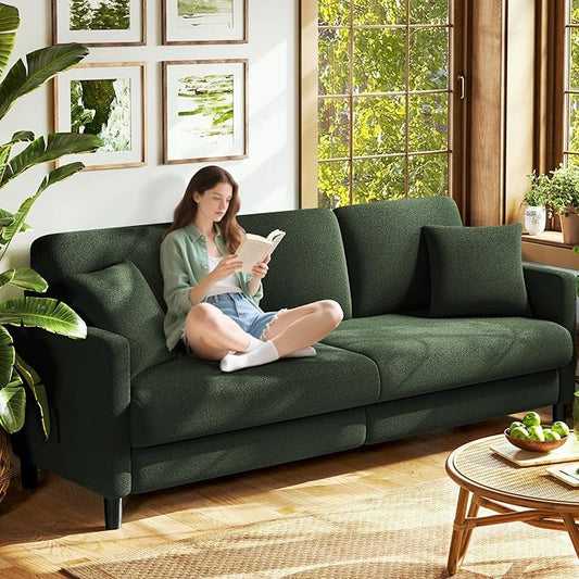 Welzona 83" Couches for Living Room, Teddy Sofa Couch, Comfy Sofas for Living Room, Tool-Free Setup Loveseat Sofa, All-Wood Love Seat Couches, Small Couch 2 Pillows Included, Green