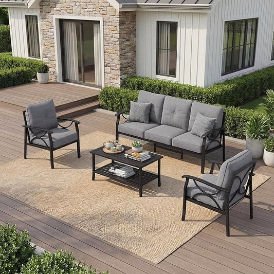 RoyalCraft Outdoor Patio Furniture Set, 5 Seats Outdoor Patio Set with 4" Thick Cushion, All-Weather Metal Patio Sofa with Coffee Table, Outdoor Sectional Furniture for Porch Backyard, Khaki&Grey