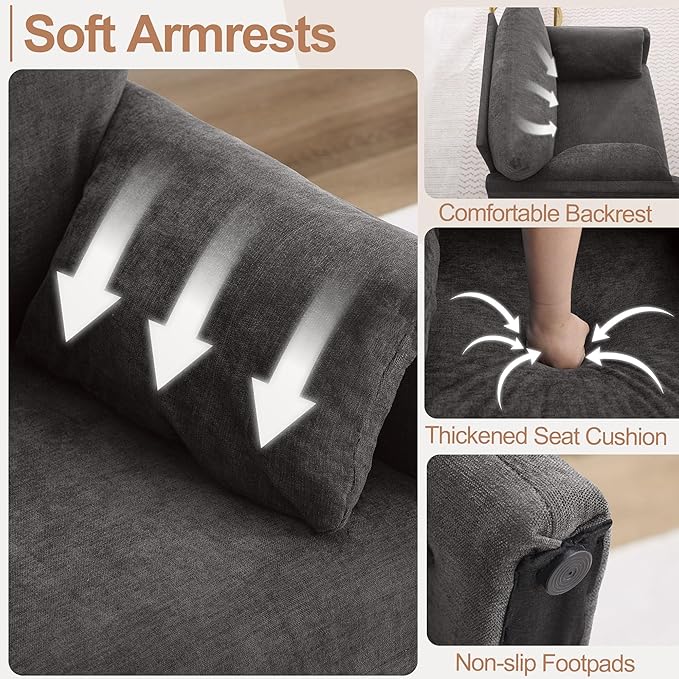 Oversized Accent Chair for Living Room, 32.68" Modern Armchair Set of 2 with Deep Seat, Mid-Century Comfy Reading Chair with Padded Arms, Large Chenille Single Sofa Chairs for Bedroom, Dark Grey