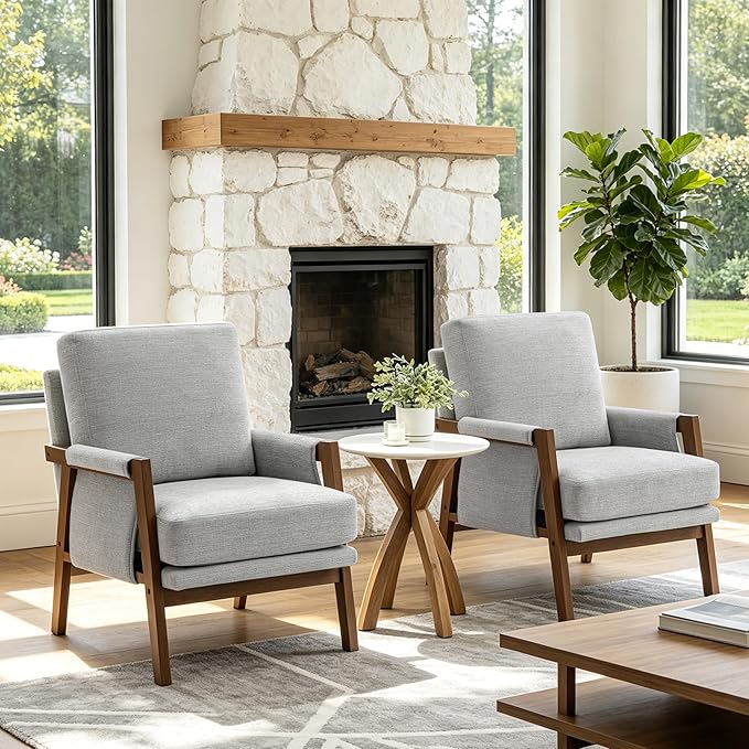 RNKSFX Grey Accent Chair for Bedroom & Living Room, Mid Century Modern Accent Arm Chair, Upholstered Anthropologie Accent Chair with Solid Wood Frame, Fabric