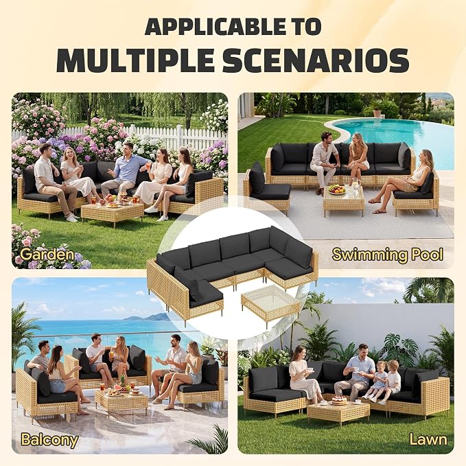 LHBcraft 7-Piece Wicker Outdoor Patio Furniture Set, Outdoor Sectional Furniture, Patio Sofa Sectional Conversation Sets, Handmade Rattan, Water-Resistant Fluffy Cushions and Coffee Table, Brown Black
