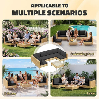 LHBcraft 7-Piece Wicker Outdoor Patio Furniture Set, Outdoor Sectional Furniture, Patio Sofa Sectional Conversation Sets, Handmade Rattan, Water-Resistant Fluffy Cushions and Coffee Table, Brown Black