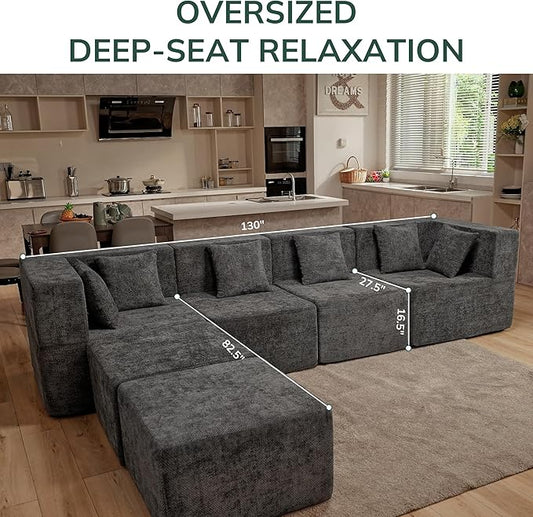 MONVANE Modular Sectional Cloud Couch for Living Room - 130'' 6 Seater Convertible Chenille Couches Set with Ottoman, No Assembly Compression Sofas, Comfy Floor Sofa with Memory Foam, Grey