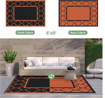GENIMO 6' x 9' Outdoor Rug Waterproof for Patio Decor, Foldable Reversible Plastic Straw Area Rugs Mat for Camper, Outside Carpet for Rv, Deck, Porch, Picnic, Beach, Balcony, Black & Orange