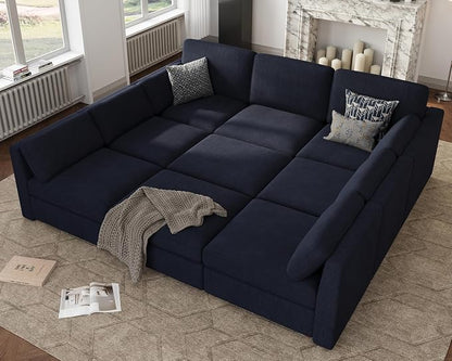 Oversized Modular Sectional Sleeper Sofa Bed Cloud Couches Blue | Deep Seat Couch for Living Room, 9 Seater Luxury Comfortable Sofa with Ottoman, Solid Wood Frame, Removable Washable Cover