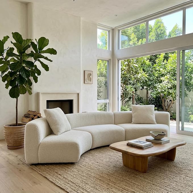 Acanva Formia Boucle Curved Sectional Sofa, 3 Armless Chairs, White | Modular Couch, Modern Minimalist, Wood Frame, For Living Room, Apartment, Home Office