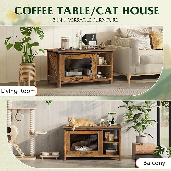 WLIVE Coffee Table with Storage, Modern Coffee Table with Flip-up Door, 2-in-1 Center Table Cat House Furniture for Living Room, Home, Rustic Brown