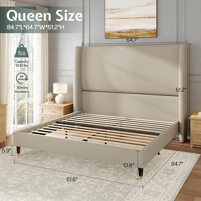 Jocisland Queen Size Bed Frame 51.2" Wingback Headboard Linen Upholstered Platform Bed,Solid Wood Legs & Wooden Slats,No Box Spring Needed,Noise-Free,for Family Guest Room Cozy Home,Brown