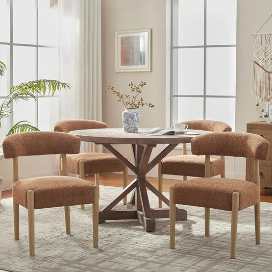 VKNOW Wooden Dining Chairs Set of 4 with Curved Open Back, Orange | Natural Rubberwood Legs, Soft Chenille Fabric, Thickened Cushion, For Adults and Family, Dining Room, Kitchen, No Wobble