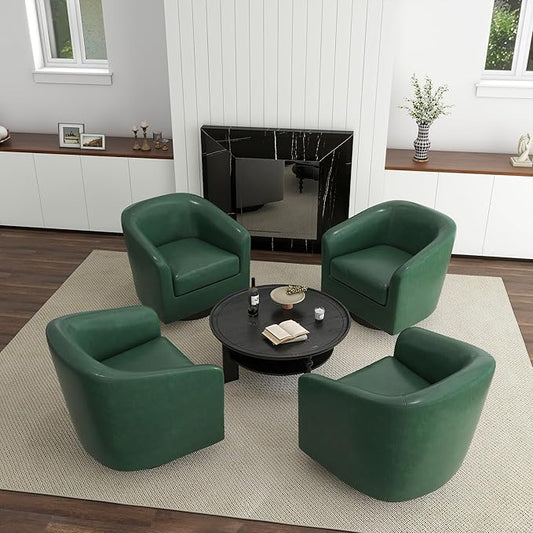 360° Swivel Barrel Accent Chair Armchair, PU Leather Round Club Arm Chair for Lving Room, Modern Upholstered Small Bedroom Single Sofa Seat - Green, Set of 4