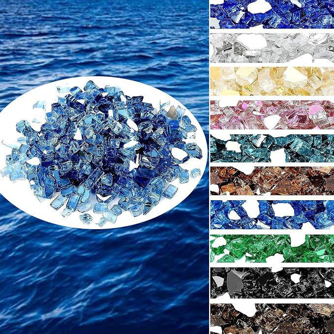 Onlyfire 10 lbs Fire Glass Rocks 1/4 Inch – Upgraded Alternative to Lava Rocks for Fire Pit, Reflective Glass for Propane Gas Fireplace, High Luster Firepit Glass Stones for Fire Table, Pacific Blue