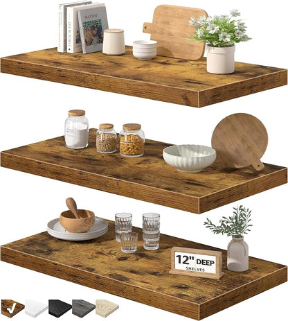 QEEIG 12" Deep Floating Shelves for Wall - 12 x 24 inch Book Shelf Bathroom Bedroom Kitchen Living Room Hanging Bookshelf Farmhouse Set of 3, Brown (026-60BN3)