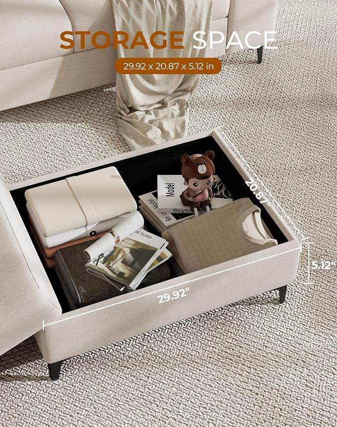 88.97" L Shaped Sectional Couches for Living Room, Deep Seat Sofa with Big Storage Ottoman & 8”Cushion, Comfy 2-Seater Chenille Loveseat, Convertible Armrest, Removable Cover for Small Space(Beige)