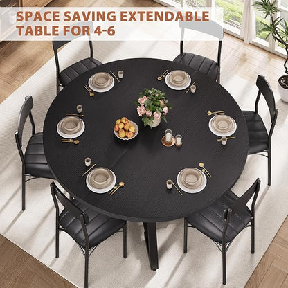 Expandable Kitchen Dining Table for 4-6, Oval Round Dining Table with Storage Shelf and Removable Extension Leaf, Space Saving Pedestal Table for Dining Room, Modern Industrial Style (Black)