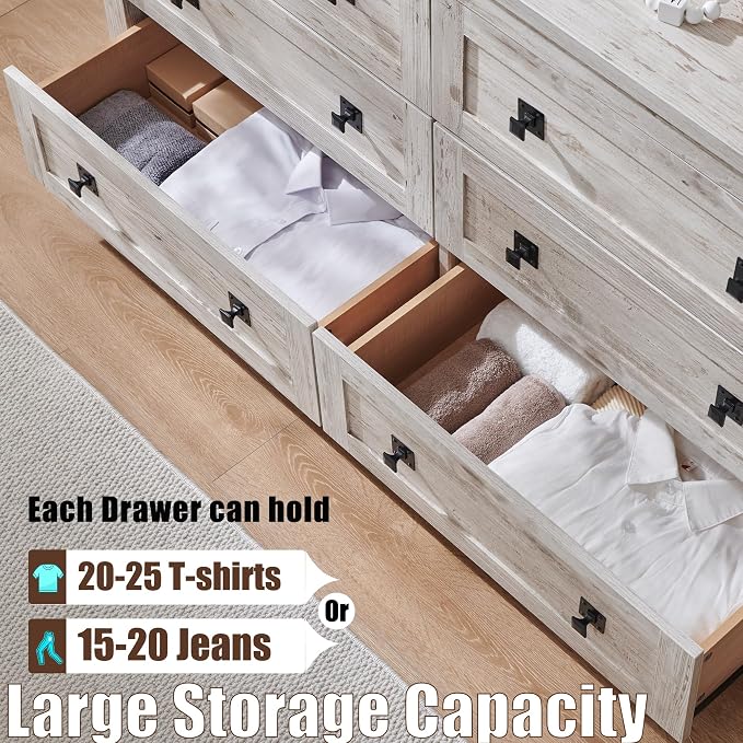 T4TREAM 54" Wide Farmhouse 6-Drawer Dresser for Bedroom, Antique Brush White
