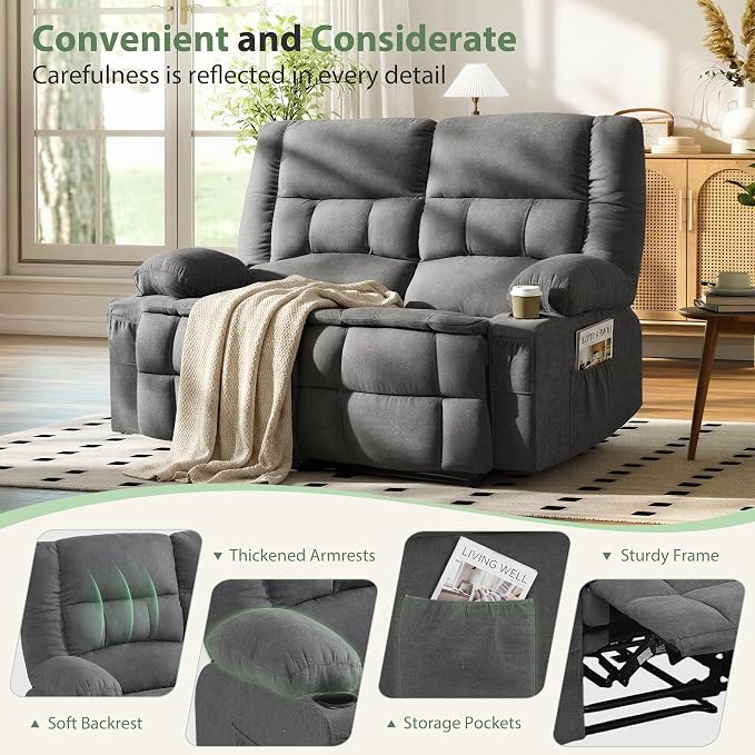 Loveseat Recliner Sofa with Massage and Heat, Wall Hugger Reclining Loveseat with USB Port, Cup Holders & Pockets, 2-Seat Recliner for Living Room, RV, Home Theater, Reclining Couch, Grey