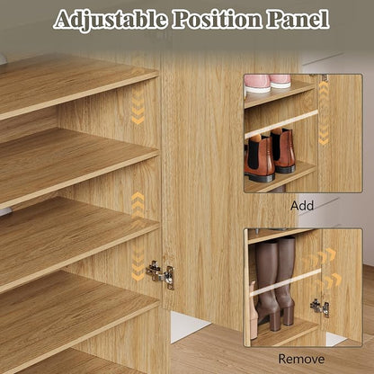 Shoe Cabinet Storage for Entryway with Doors, 5 Tier Fluted Shoe Organizer with Adjustable Shelves, Entryway Shoe Storage with Wooden Legs, Freestanding Hidden Shoe Rack for Front Door Entrance, Oak