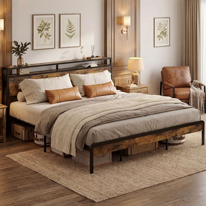 LIKIMIO California King Size Bed Frame, Platform Bed with Storage Headboard | Metal Bed Frame, Solid and Stable, Noise Free, No Box Spring Needed, Easy Assembly, Durable, Industrial Brown