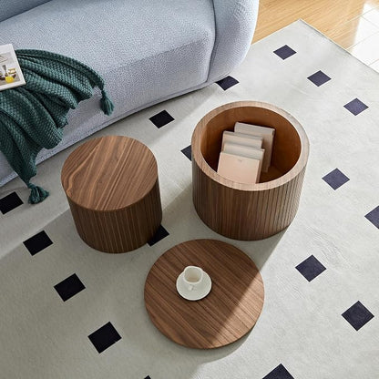 Nesting Coffee Tables Set of 2, Wooden Round Fluted Coffee Tables with Storage, Accent Drum Side Table, Luxury Modern Circle End Table for Small Spaces Living Room Bedroom Balcony Office, Walnut