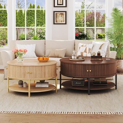 23.6" Round Coffee Table with Storage, 3-Tier Small Round Coffee Table with Sliding Cabinet Door & Round Metal Legs, Mid Century Modern Coffee Tables for Living Room, Oak