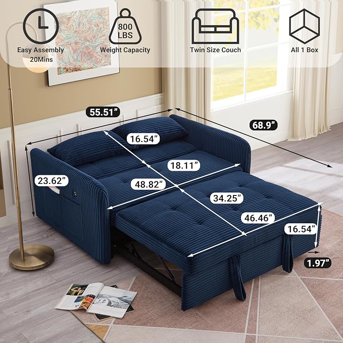 55.5" Corduroy Convertible Sofa Bed, Pull Out Sleeper Sofa Bed, Loveseat Couch with USB Charging Ports, 3 in 1 Convertible Sleeper Sofa Bed for Living Room, Apartment, Bedroom, RV, Blue