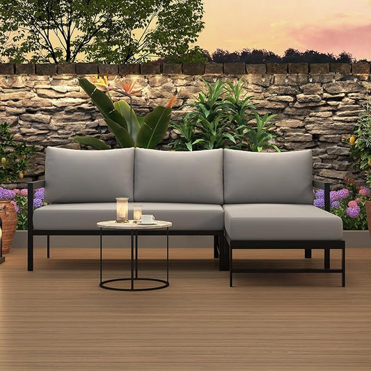VilroCaz Outdoor L-Shaped Sectional Sofa with 5.9'' Ultra-Thick Cushions, All Weather Patio Conversation Set with Iron Frame for Balcony Garden (Gray-3.24)