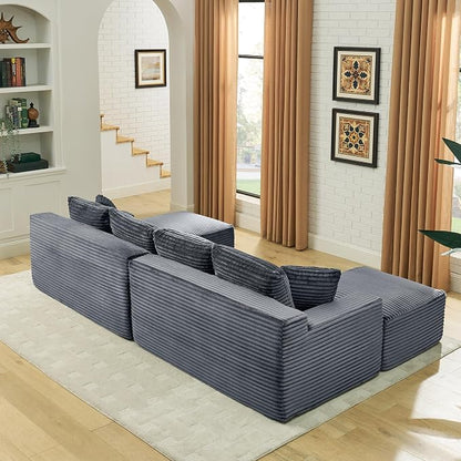 115" U-Shaped Cloud Sectional Couch, Modular Compressed Boneless Sectional Sofa W/Reversible Ottoman Chaise Lounge, Plush Corduroy Boneless Symmetrical Sofa for Living Room