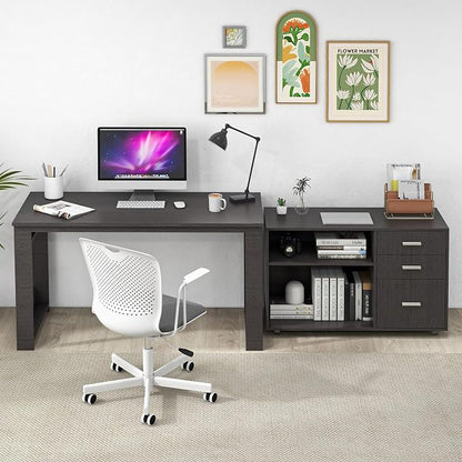 MU 55inch L Shaped Desk, Corner Computer Desk with 3 Drawers and 2 Shelves, Writing Office Table with Storage File Cabinet, Large Executive Desk with Wheels for Home Office, Bedroom (Grey)