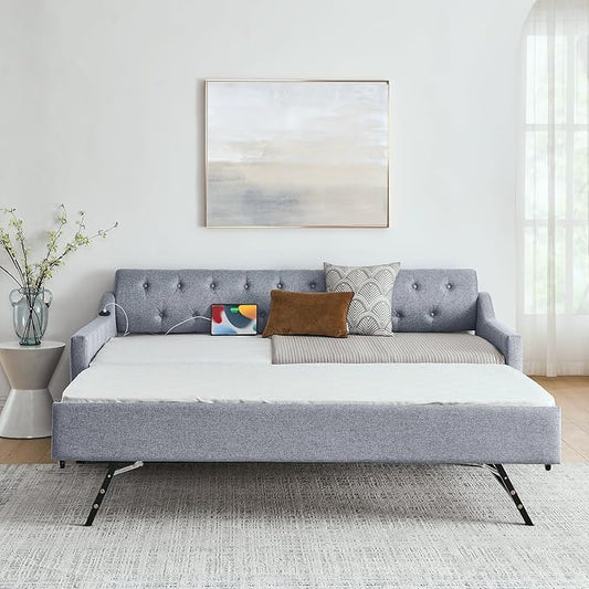 KEIKI Twin Size Upholstery Daybed with Trundle and USB Charging Design, Twin to King Design Mid-Century Extendable Sofa Bed, Easy Assembly, No Box Spring Required, for Living Room and Bedroom, Grey