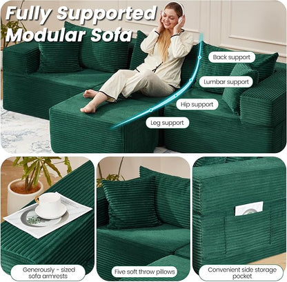 HOMREST 102" Cloud Couch Sectional, L Shaped Modern Sofa with Ottoman, Comfy Corduroy Fabric Modular Sectional Sofa in a Box, Boneless Couches for Living Room, No Assembly Required (Green)