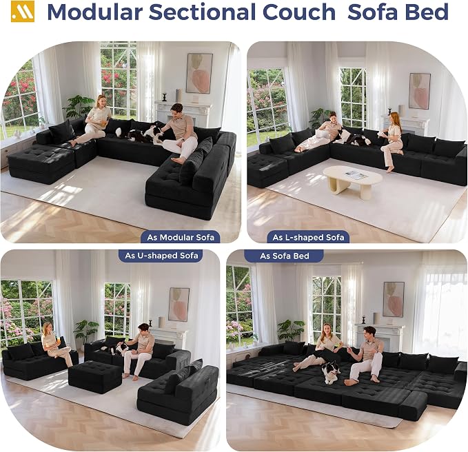 MAXYOYO Modular Sectional Sofa Couch, Foldable Oversized U Shaped Cloud Couch with Pillows, Tufted Boneless Lounger Floor Sofa Bed for Living Room, No Assembly Required, Black