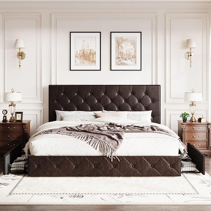 SHA CERLIN Upholstered King Size Platform Bed Frame with 4 Storage Drawers, Adjustable Headboard with Diamond Stitched Button Tufted Design, Wooden Slat Support, No Box Spring Needed, Black Brown