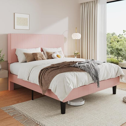Allewie Queen Size Upholstered Bed Frame with Vertical Channel Tufted Headboard, Soft Corduroy Fabric Platform Bed, Strong Wooden Slats Support, Easy Assembly, No Box Spring Needed, Light Pink