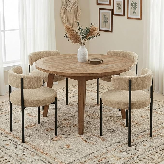 Boucle Dining Chairs Set of 2, Beige Dining Chairs with Upholstered Seat and Round Back, Mid-Century Modern Kitchen Chairs for Dining Room, Restaurant