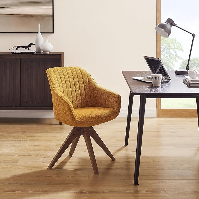 Art Leon Desk Chair No Wheels - Mid Century Modern Office Chair, Swivel Accent Chair with Oak Wood Legs, Fabric Upholstered Arm Chair, Yellow