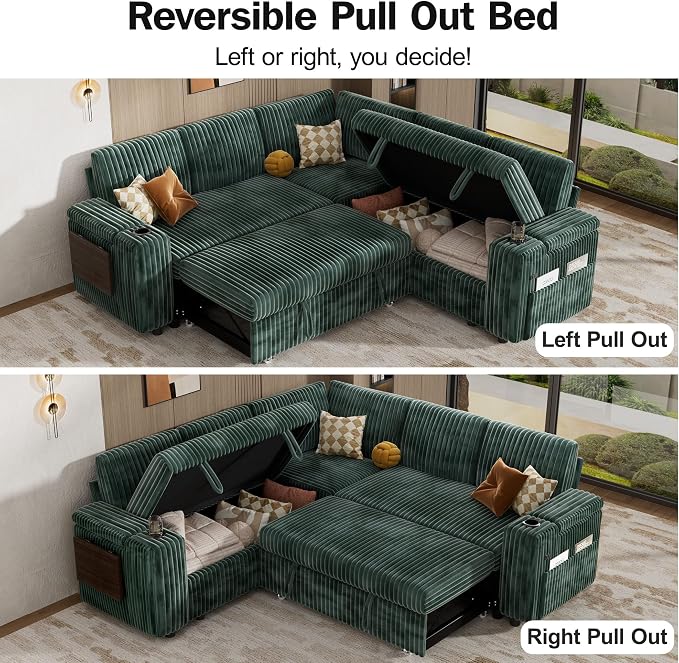Vipbear 86" Modular Sectional Sleeper Sofa with Pull Out Bed, 5 Seat Plush Corduroy L Shaped Couch with Storage Seat|USB Ports|Cup Holders|Side Table|Storage Armrests, Tool Free Assembly, Green