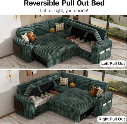 Vipbear 86" Modular Sectional Sleeper Sofa with Pull Out Bed, 5 Seat Plush Corduroy L Shaped Couch with Storage Seat|USB Ports|Cup Holders|Side Table|Storage Armrests, Tool Free Assembly, Green