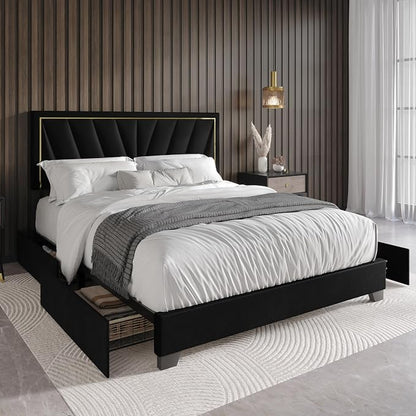 HOME DESIGN Valdez Full Size Upholstered Storage Platform Bed Frame, Velvet Fabric, Channel Tufted Headboard, 4 Drawers, No Box Spring Needed, Black