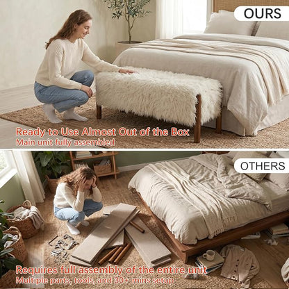 Modern Storage Benches with Walnut Wood Legs, 47'' Ottoman Bench with 20 Gallons Storage Space for Bedroom End of Bed, Faux Fur Fabric Upholstered Entryway Bench, Beige