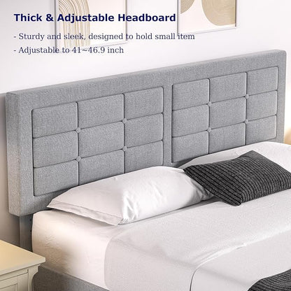 VECELO Queen Size Bed Frame, Adjustable Upholstered Button Tufted Headboard, Heavy-Duty Bedframe with Wood Slats Support, No Box Spring Needed, Linen & Light Grey