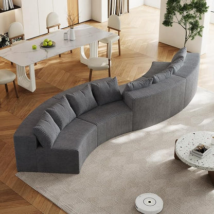 KEIKI Corduroy Curved Sectional Sofa, 4 Seater Symmetrical Modular Semi Circular Couch, Tufted Corner Sofa for Living Room, Lobby, Gray