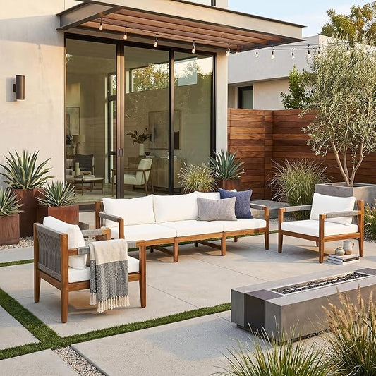 VilroCaz 3-Piece Patio Conversation Set, All Weather Sectional Sofa Set with Acacia Wood Frame and Woven Rope Accents, Outdoor Furniture Set with Cushions for Backyard Deck Poolside (Beige+Rope v)