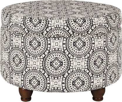 Homepop Home Decor | Upholstered Round Storage Ottoman | Ottoman with Storage for Living Room & Bedroom, Black and White Medallion Large