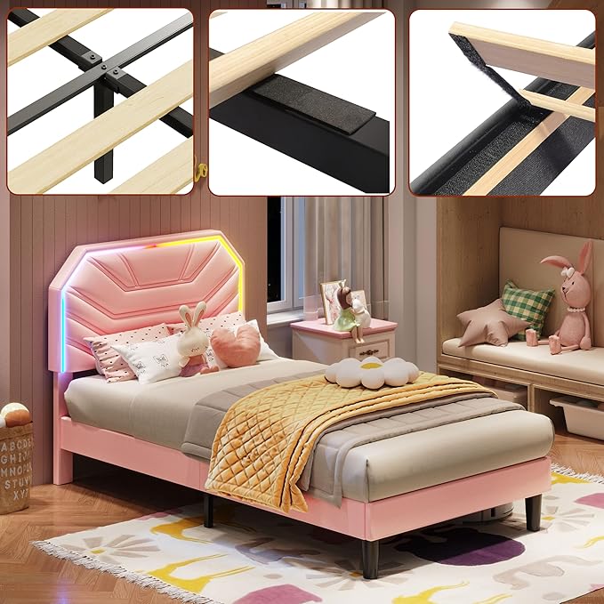 LIKIMIO Twin XL Bed Frames with LED Light Headboard, Upholstered Modern Cama Twin XL Platform Bed Frame with Heavy Duty Supports, No Box Spring Need, Noise Free, Easy Assembly, Pink