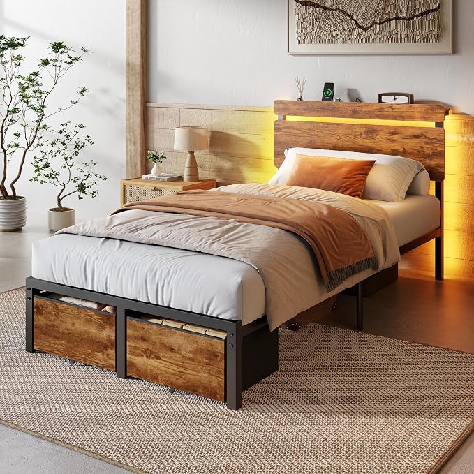 Forestell Twin Bed Frame with Wood Headboard,2 Storage Drawers & Shelf | Built-in Charging Station & LED Lights, Metal Support, No Box Spring Needed, noise-free, easy assembly, Smart RGB, USB+Type-C