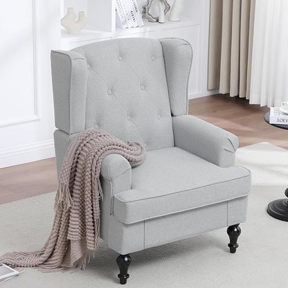 Accent Chair for Living Room, Mid Century Modern Upholstered Armchair, Wingback Chair with Tufted High Back and Solid Legs, Comfy Single Sofa Side Chairs for Bedroom, Light Grey